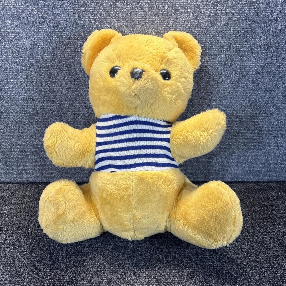 Vtg~Yellow Teaddy Bear by Knickerbocker~Blue/White Striped Shirt~1970s